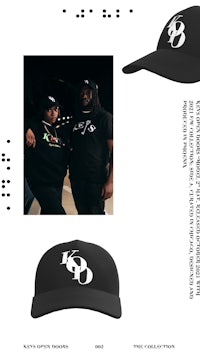 a black hat with a picture of a man and a woman
