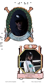 two pictures of a man and a woman with baseball bats