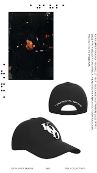 a black hat with a picture of a man wearing a hat